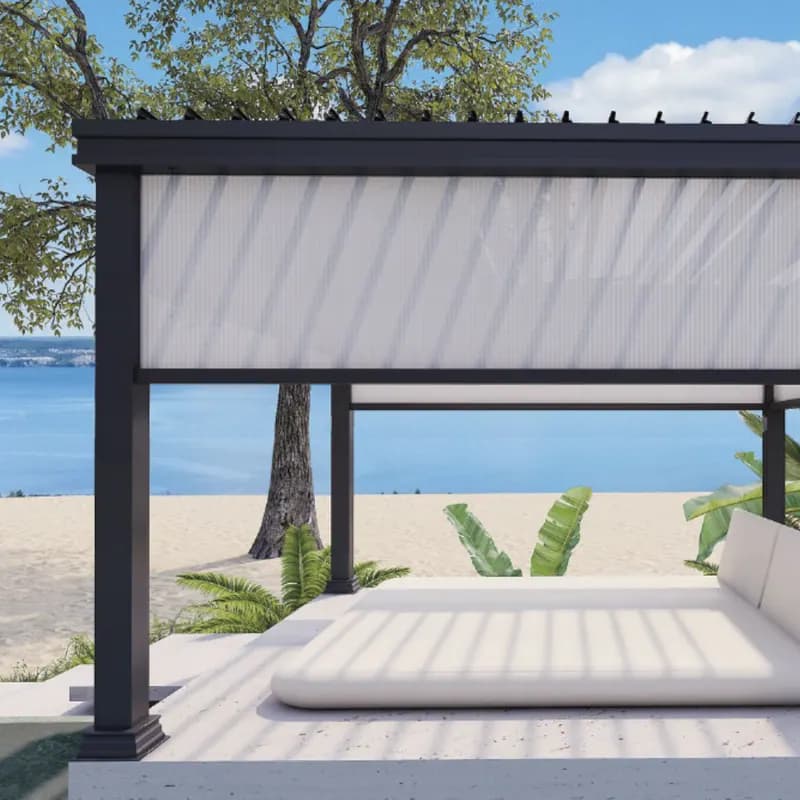 Render of a dark pergola with a translucent zip screen lowered on a beach terrace