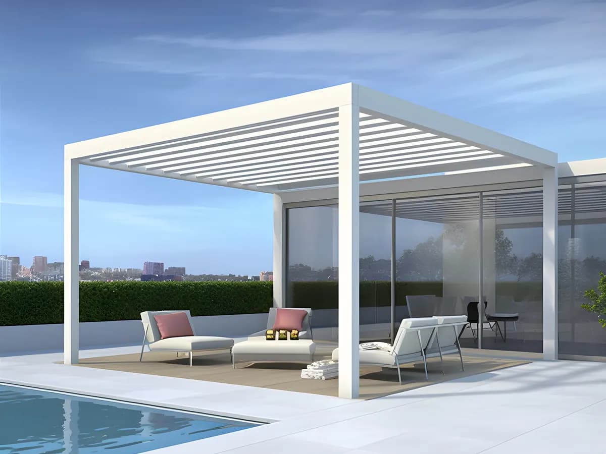 Concept render: white louvred pergola beside a pool