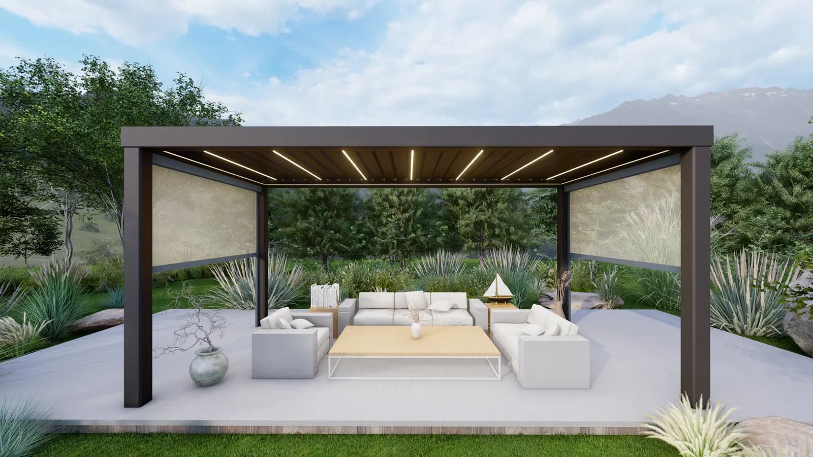 Render: dark louvred pergola with LED lines and zip screens over a garden lounge