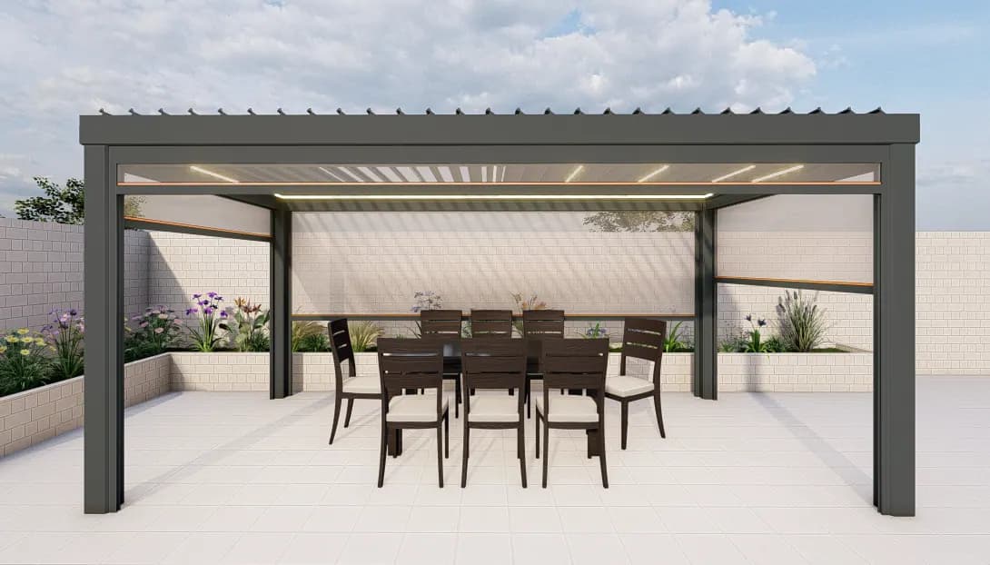 Render: grey pergola over an outdoor dining table on a terrace