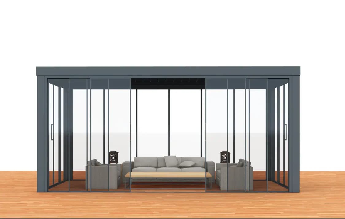 Render: pergola enclosed with glass sliding doors around a lounge