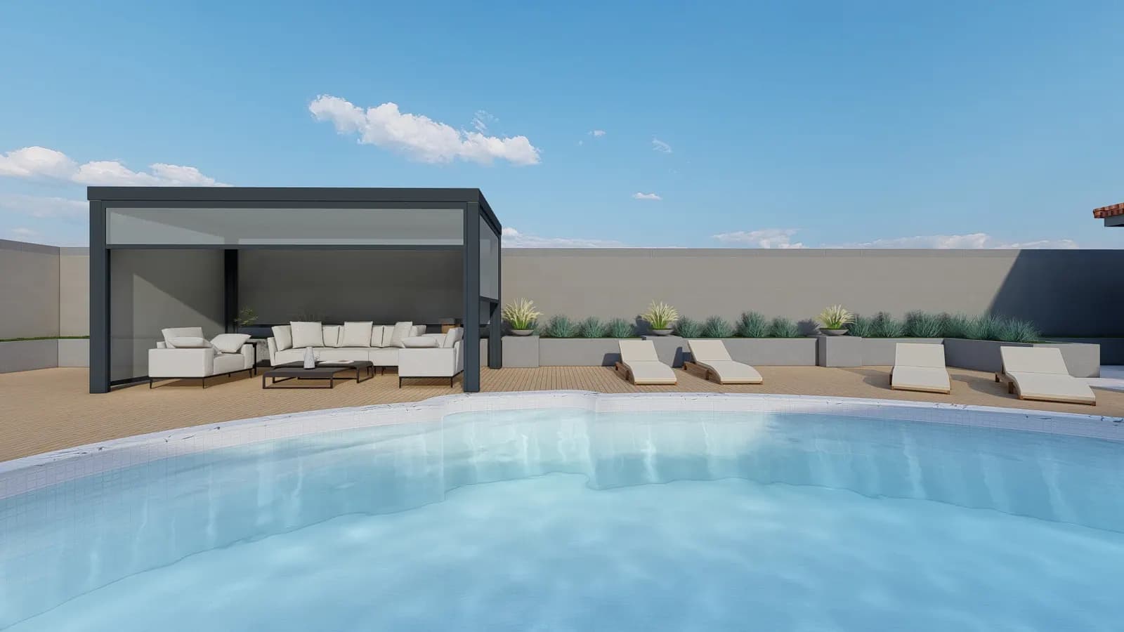 Render: dark pergola beside a swimming pool with loungers