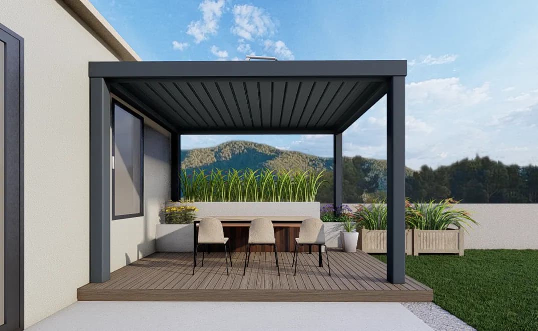 Render: wall-mounted dark pergola over a timber deck with a mountain view