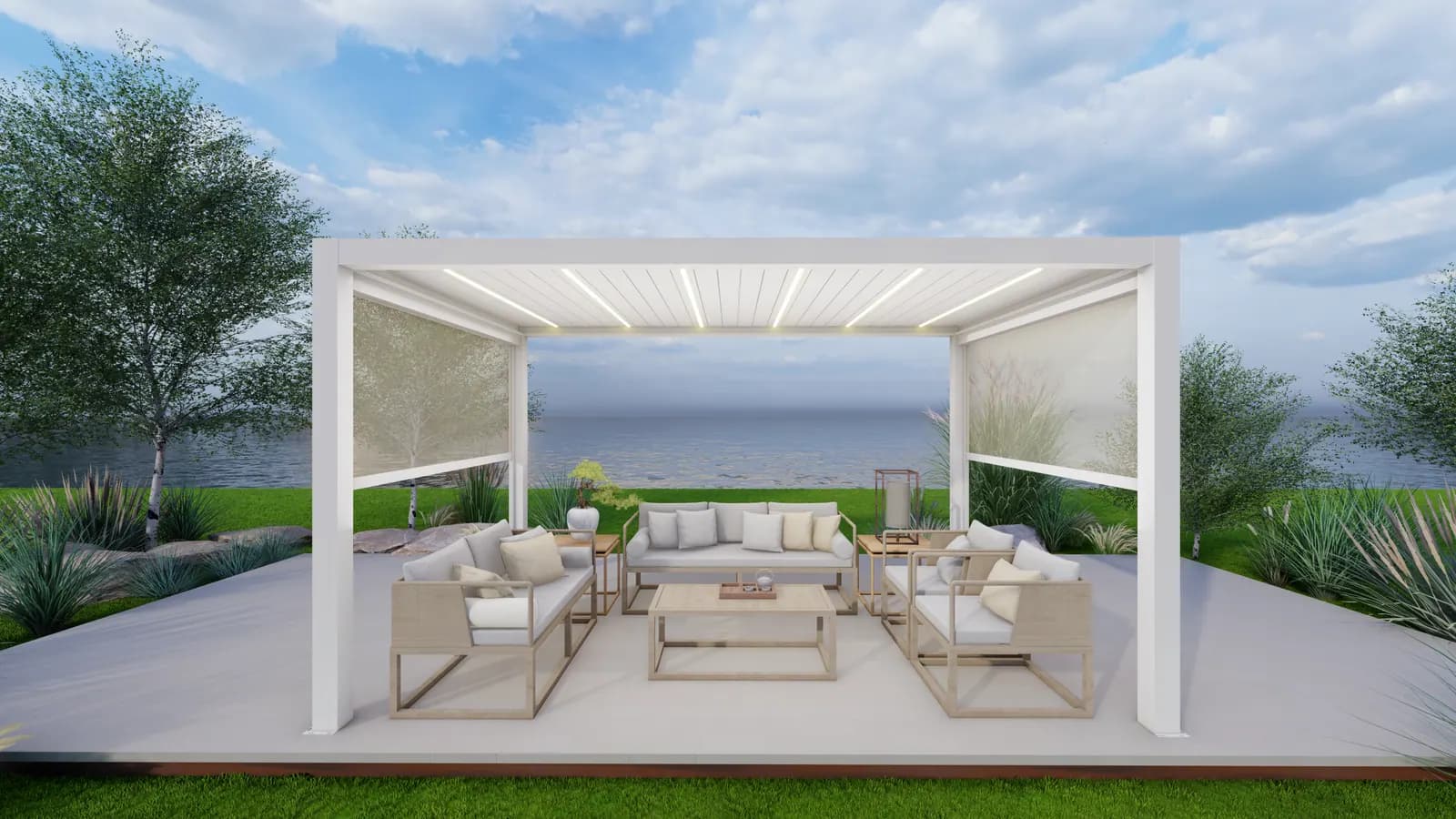 Render: white louvred pergola with LED lines over an outdoor lounge