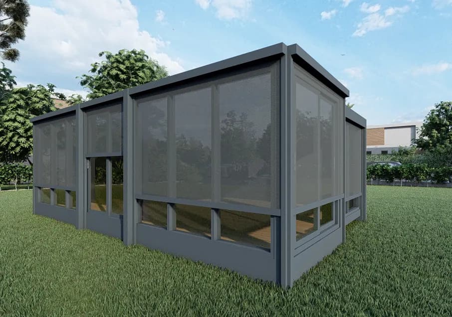 Render: spliced pergola modules closed in with zip screens on all sides