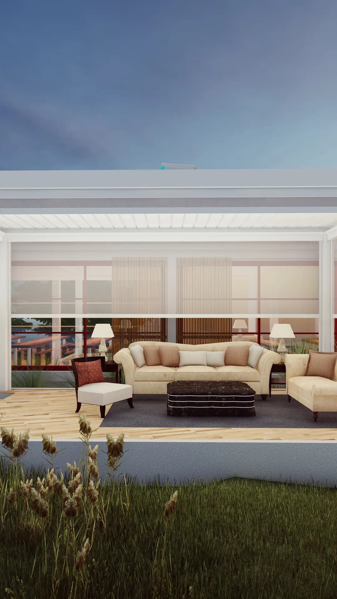 Render of a white louvred pergola with a lounge beside a modern house at dusk
